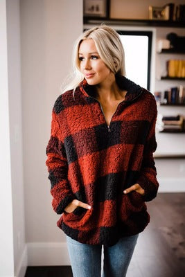 Street-Wave Women's Fleece Pullover Checkered Cozy Warmth