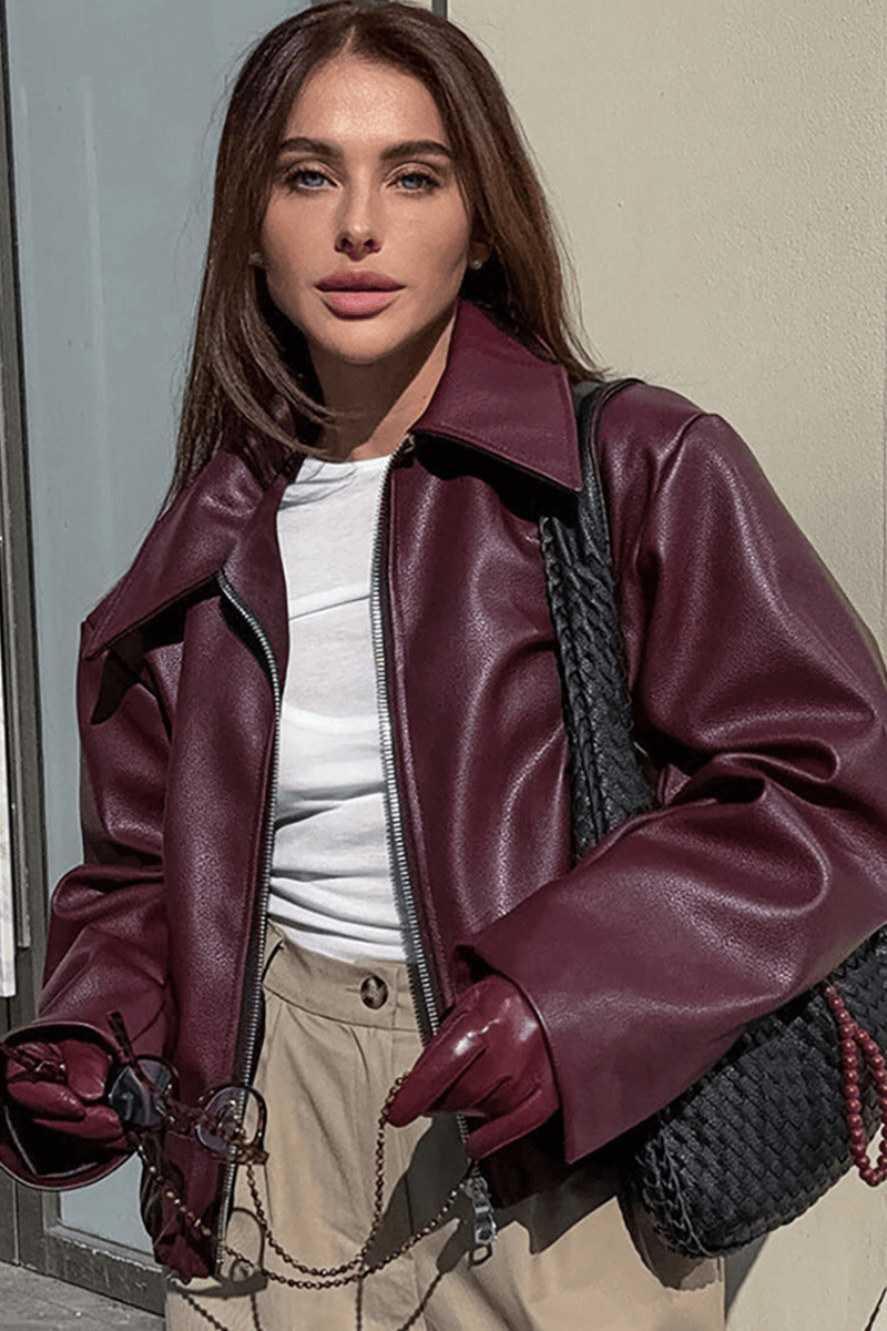 Street-Wave Burgundy Faux Leather Bomber Jacket For Women Premium Versatile Zip Front