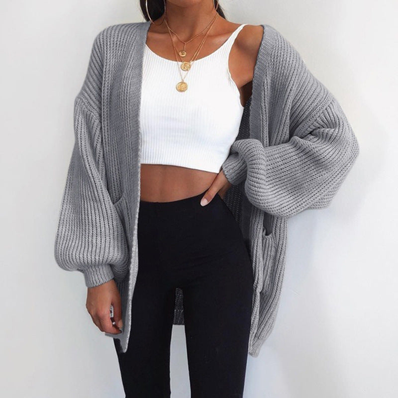 Street-wave Oversize Knit Cardigan for Women with Puff Sleeves - Luxurious Soft Cotton, Cozy Wide Fit