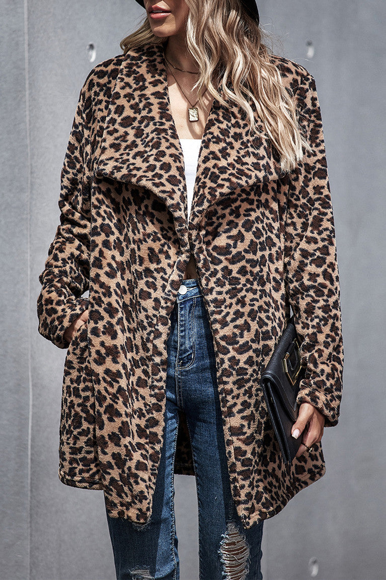 Street-Wave Faux Fur Leopard Print Coat For Women Open Front Warm Cozy Chic Statement Outerwear