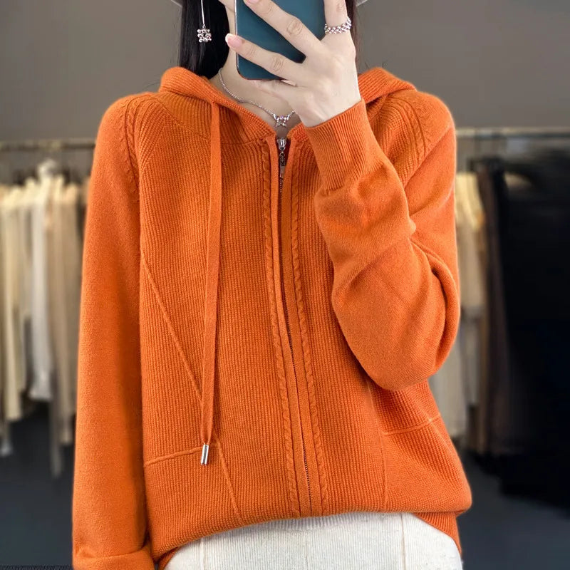 Street Wave Cardigan Cozy Pink Knit Zip Front Warm Hoodie For Women Autumn Winter