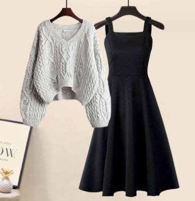 Street-wave Two Piece Knit Top And Elegant Dress Set For Modern Women Versatile Day To Night Outfit