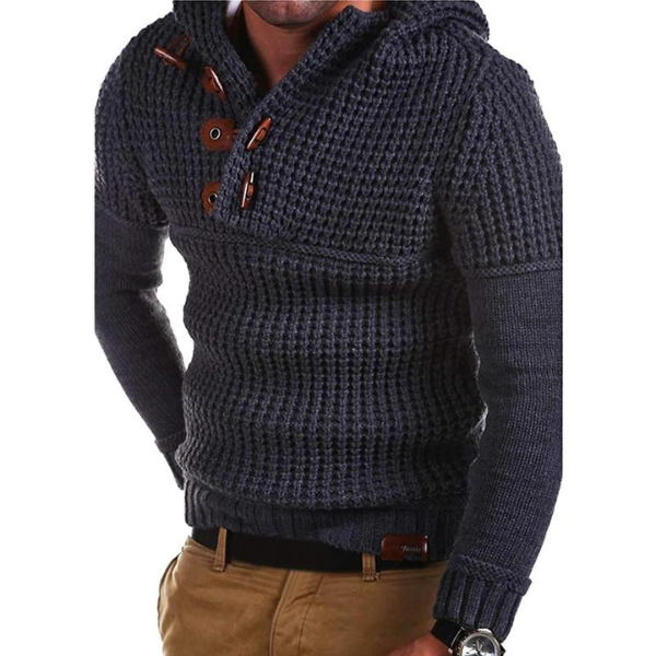 Street-Wave GlenDel Handknit Wool Pullover For Men Warm Double Knit With High Collar And Adjustable Hood