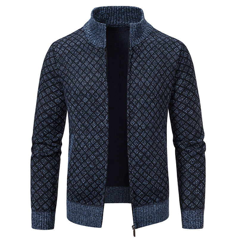 Street-Wave Zip Cardigan Jacket For Men In Plaid, Premium Knit Comfort, Stylish Everyday Wear