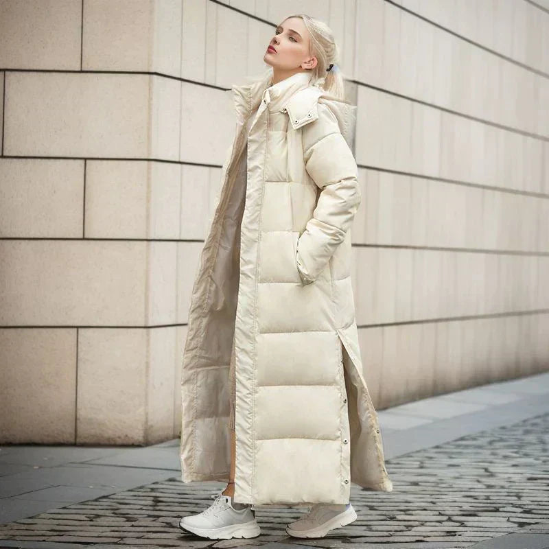 Street Wave Long Puffer Down Coat For Women With Hood And High Collar Warm And Comfortable