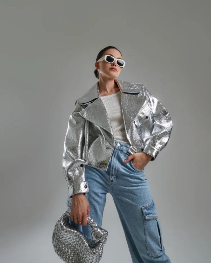 Street-wave Metallic Jacket For Women Shiny Silver Outerwear Bold Comfort Street Style