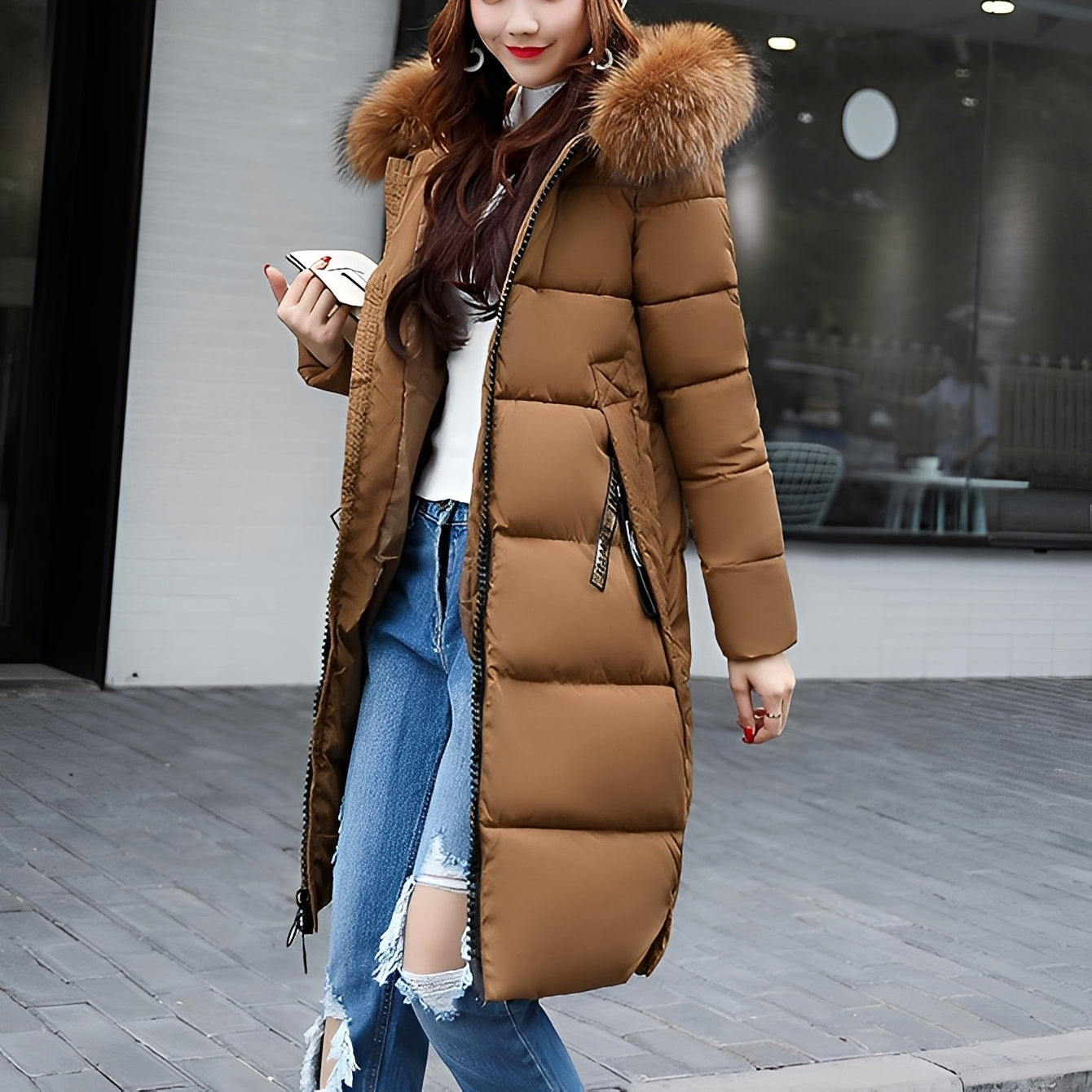 Street-wave Puffer Coat With Fur Collar For Women Elegant Long Winter Coat With Plush Warmth And Slim Silhouette