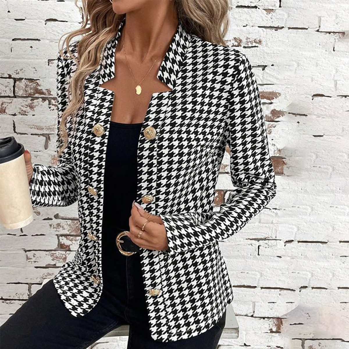 Streetwave Houndstooth Collarless Blazer for Women With Gold Button Detail Elegant Tailored Jacket