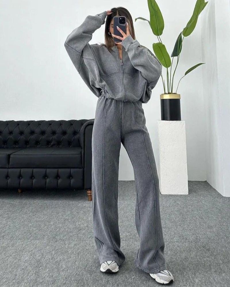 Street-Wave Cozy Zip Two-Piece Set For Women Warm Cozy Loungewear Jacket And Pants