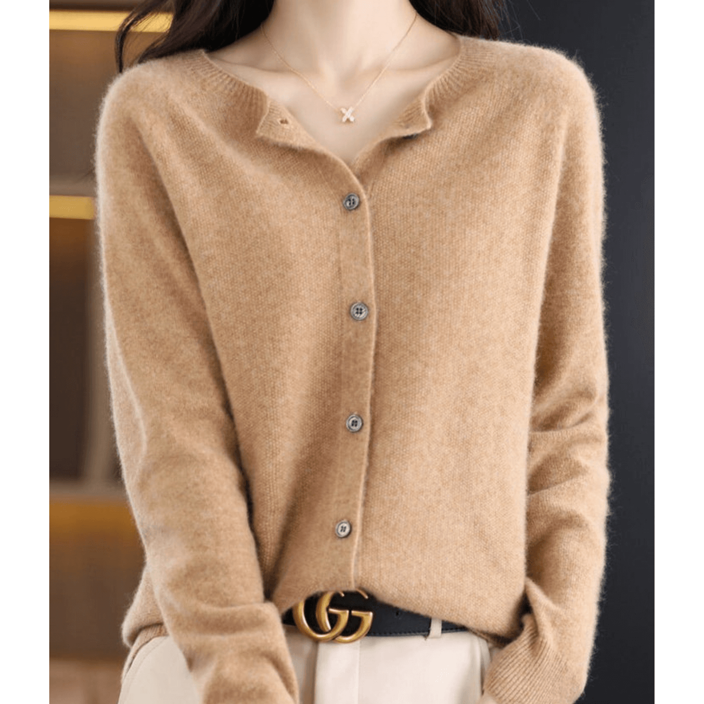 Street-Wave Womens Fine Knit Cardigan Crew Neck Soft CashmereFeel Merino Wool Blend Cozy Warm Essential
