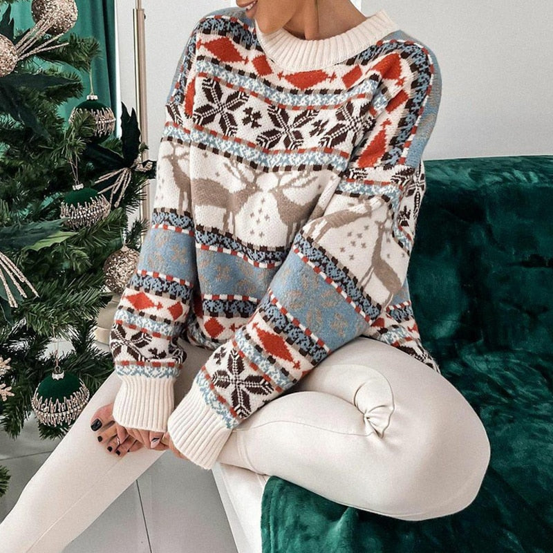 Street-wave Women's Christmas Knit Sweater With Reindeer Pattern Cozy Holiday Pullover