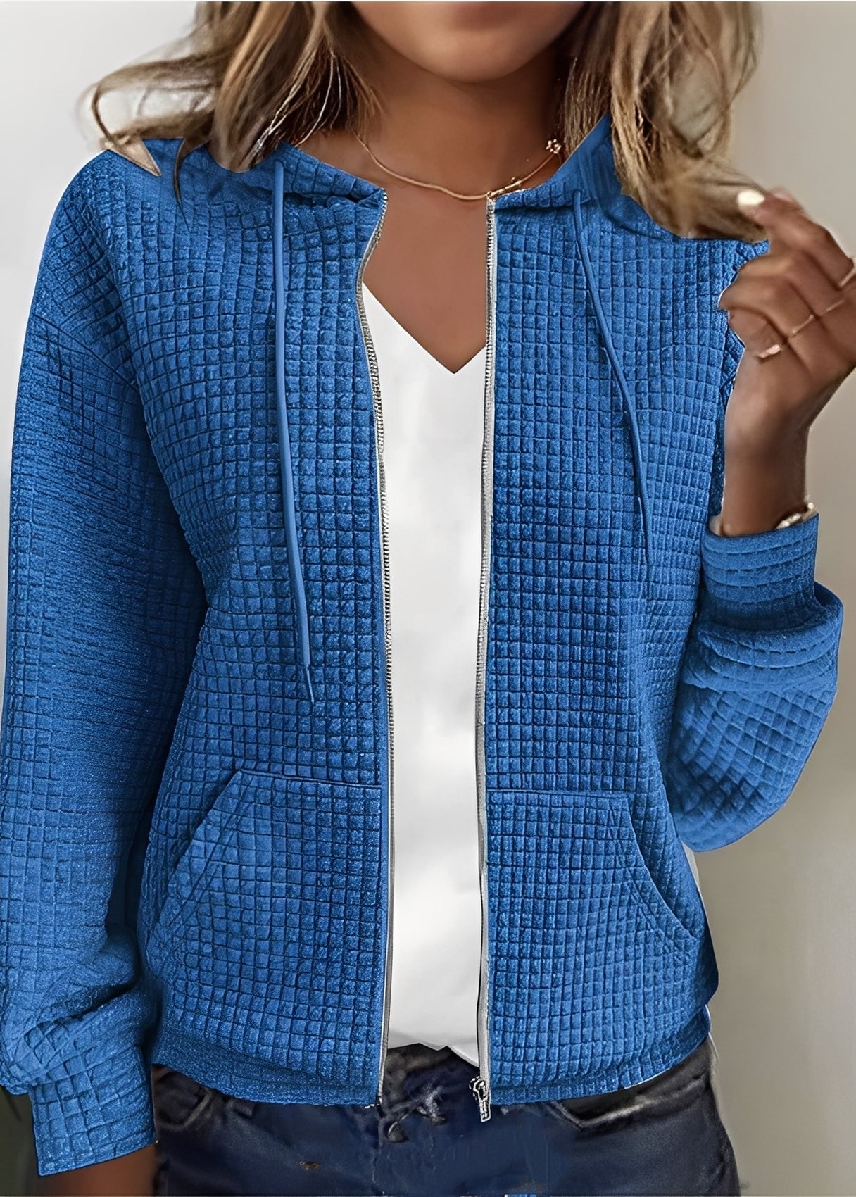 Street-wave Pink Quilted Hooded Cardigan for Women With Pockets Soft Easy Care Cozy Everyday Essential