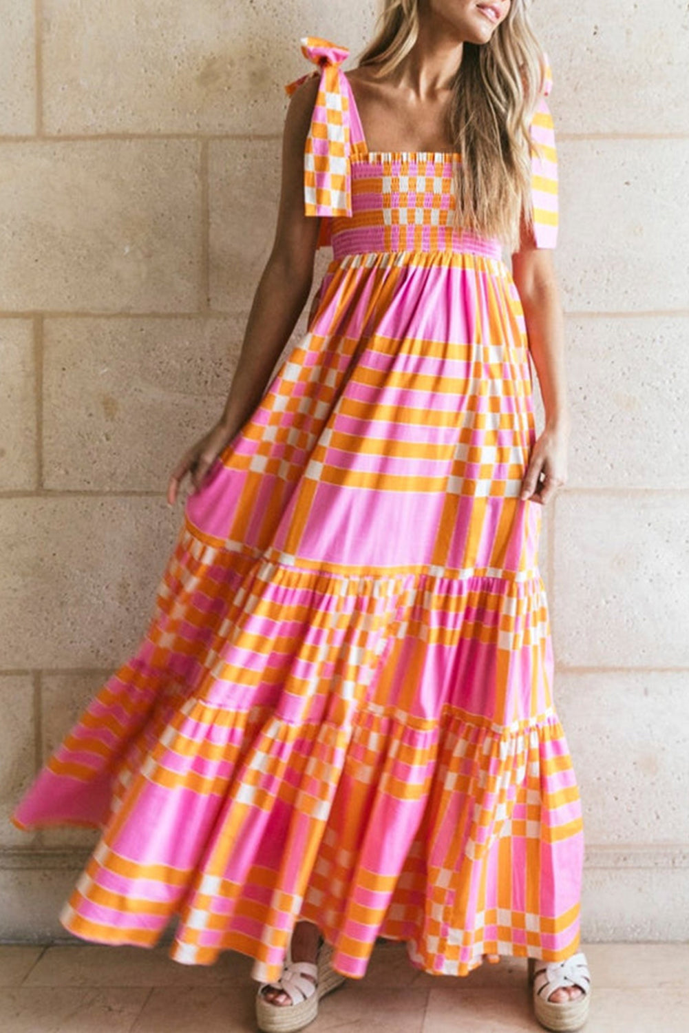 Street-Wave Checkered Maxi Dress With Bow Straps For Women
