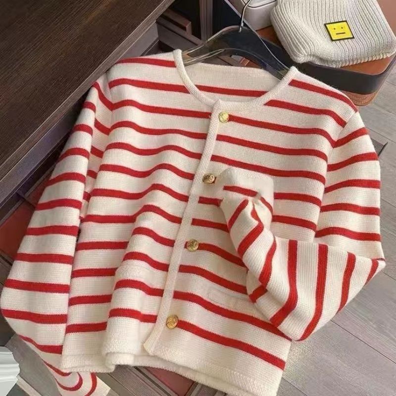 Street Wave Striped Knit Cardigan For Women With Durable Terylene Comfort Fall Layering Essential