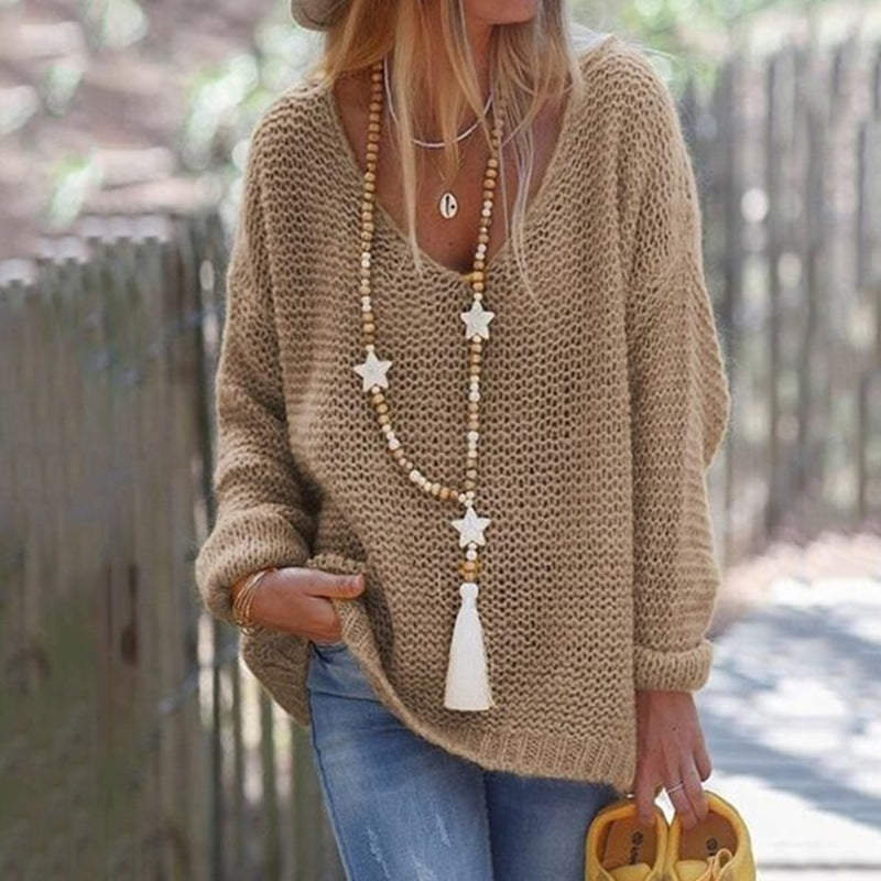 Street-Wave Womens Chunky Knit Sweater With Deep V-Neck Breathable Cotton Cozy Casual Fit