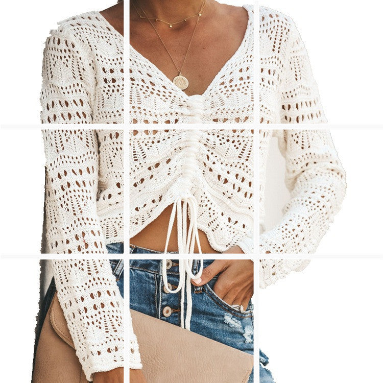 Street-wave Women's Airy Eyelet Knit Cardigan With Drawstring Lightweight Elegant Knitwear