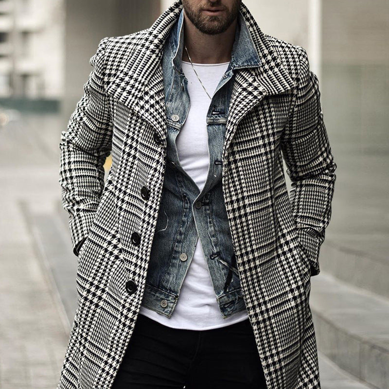 Street Wave Men's Elegant Plaid Overcoat With Modern Details For Fashionable Men