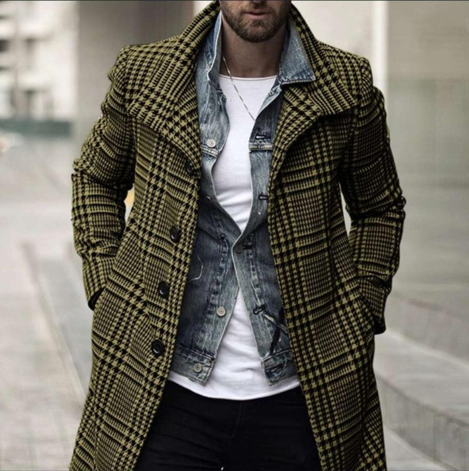 Street Wave Men's Elegant Plaid Overcoat With Modern Details For Fashionable Men