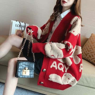 Street-wave Women Oversized Cardigan With Animal Print Design And Button Closure For Cozy Style