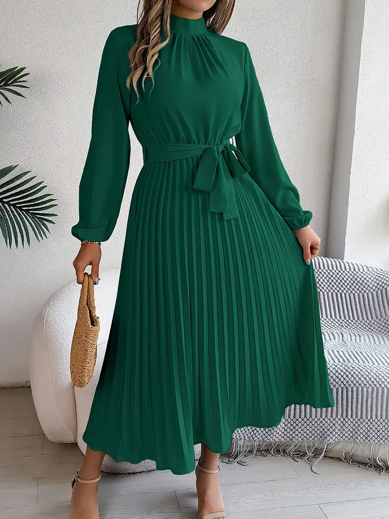 Street-wave Timeless Elegant Pleated Belt Maxi Dress With Stand Collar For Women