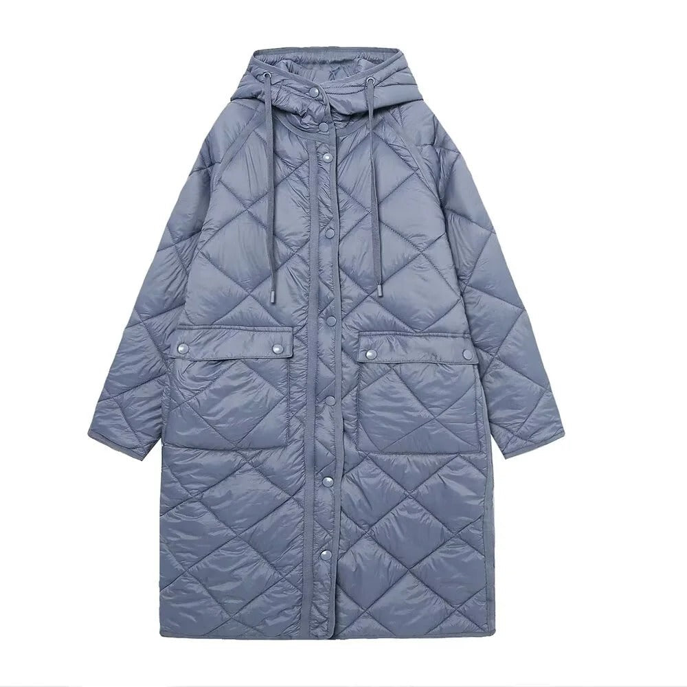 Street-wave Long Quilted Coat With Hood For Winter Warmth And Practical Pockets For Urban Daily Wear