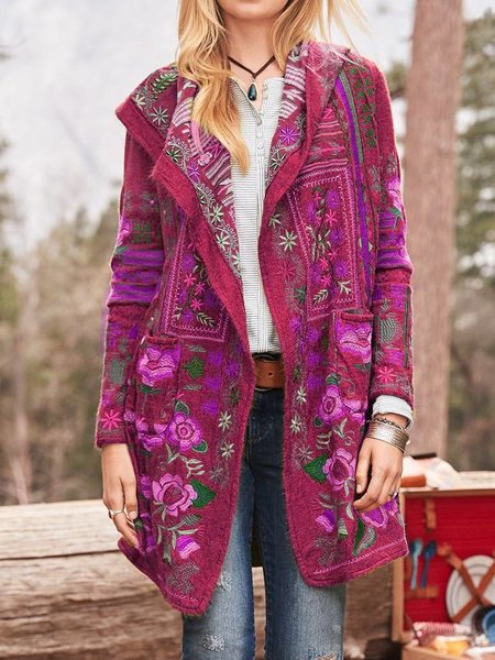Street-wave Women's Embroidered Hooded Cardigan With Pockets Boho Floral Knitwear For Women