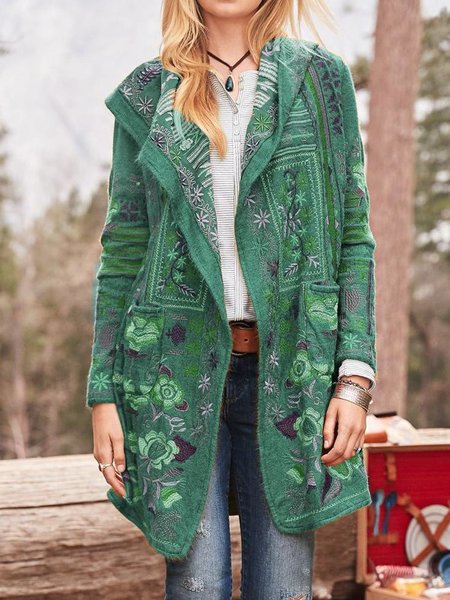 Street-wave Women's Embroidered Hooded Cardigan With Pockets Boho Floral Knitwear For Women