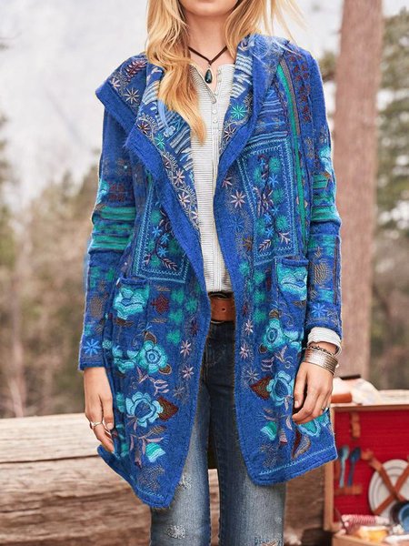Street-wave Women's Embroidered Hooded Cardigan With Pockets Boho Floral Knitwear For Women