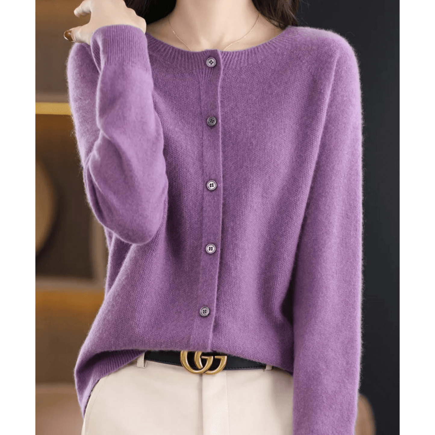Street-Wave Womens Fine Knit Cardigan Crew Neck Soft CashmereFeel Merino Wool Blend Cozy Warm Essential