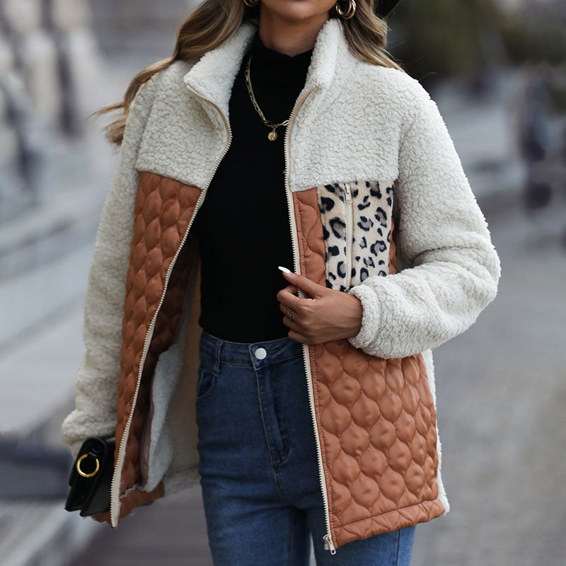 Street-wave Patchwork Plush Coat Leopard Pocket Warm Quilted Sherpa For Women Cozy All-Season Outerwear