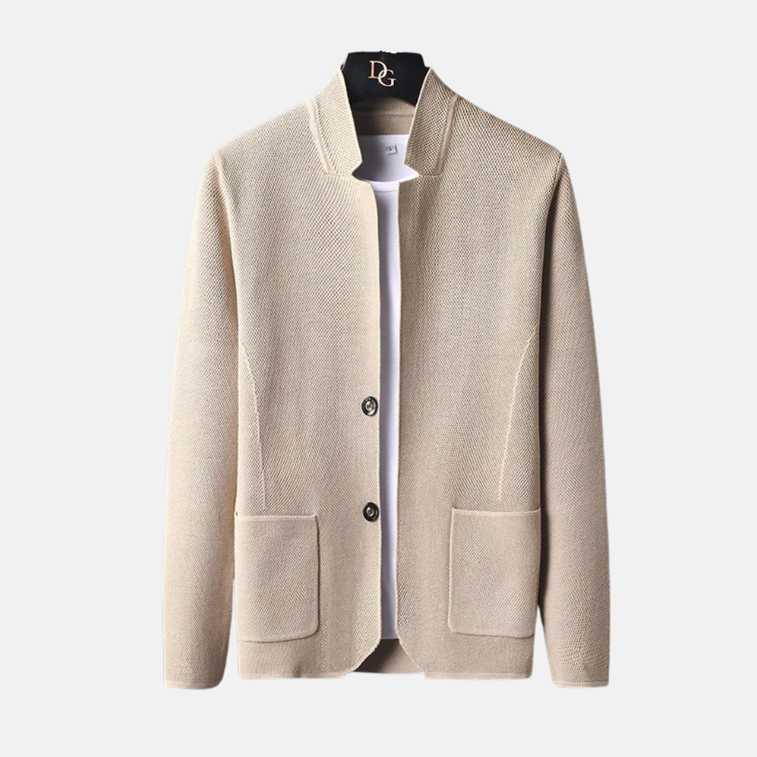 Mens Fine Knit Cardigan With Band Collar And Two Button Front Patch Pockets For Smart Casual Wardrobe