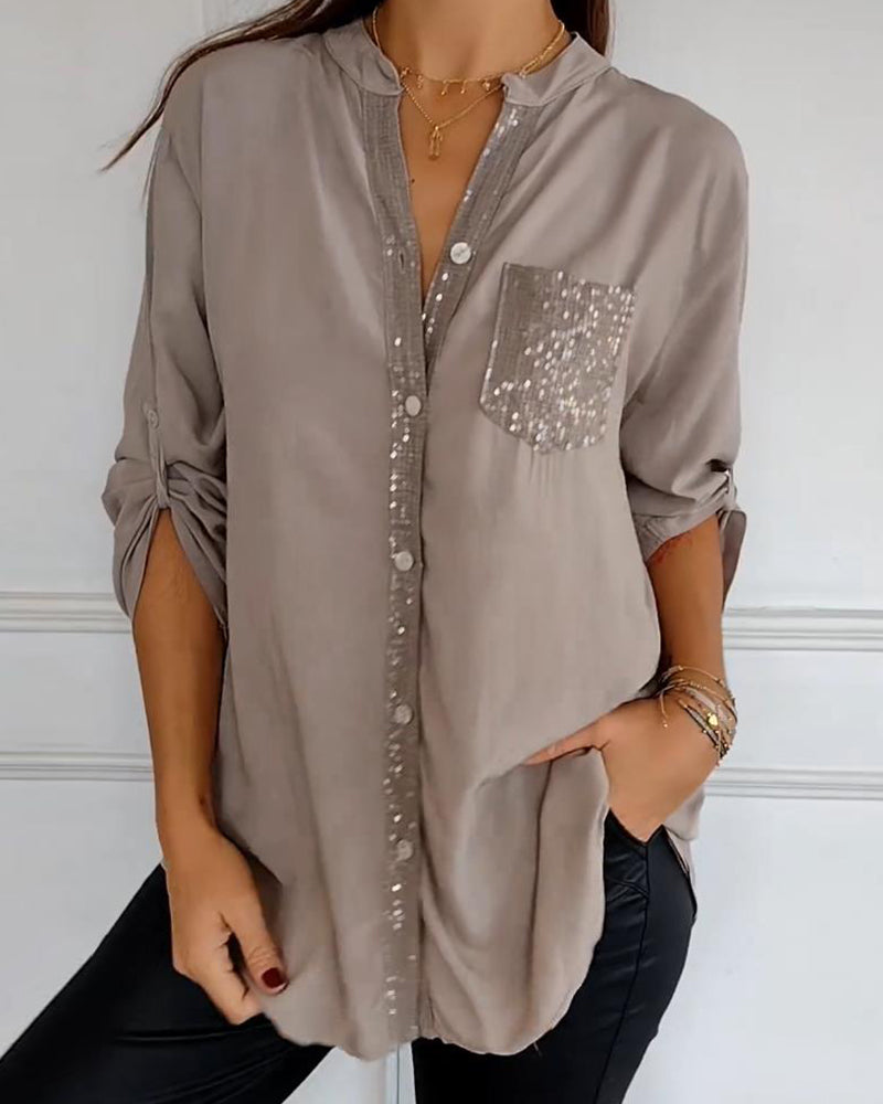 Street-wave Sequin Blouse For Women, Elegant Glitter Trim Placket And Pocket, Versatile Glam Top