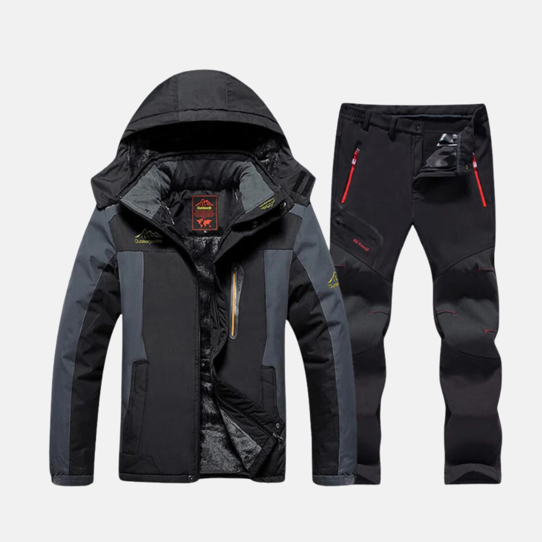 Men's Two Piece Outdoor Set With Woven Shell Jacket Fleece Lining Adjustable Hood Zippered Pockets