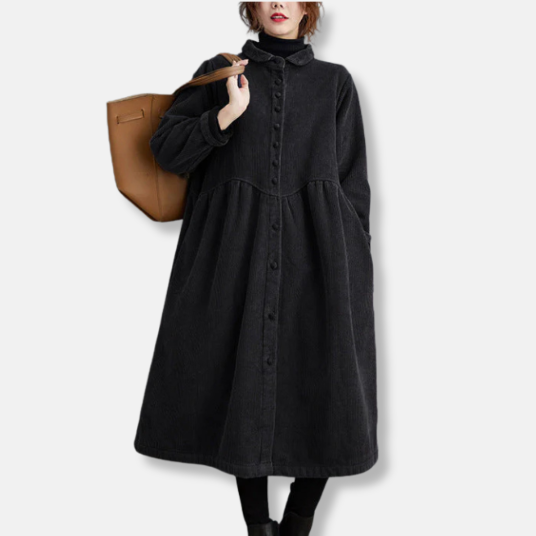 Street-Wave Corduroy Midi Coat With Relaxed A-Line Fit And High Collar For Women Chic Everyday