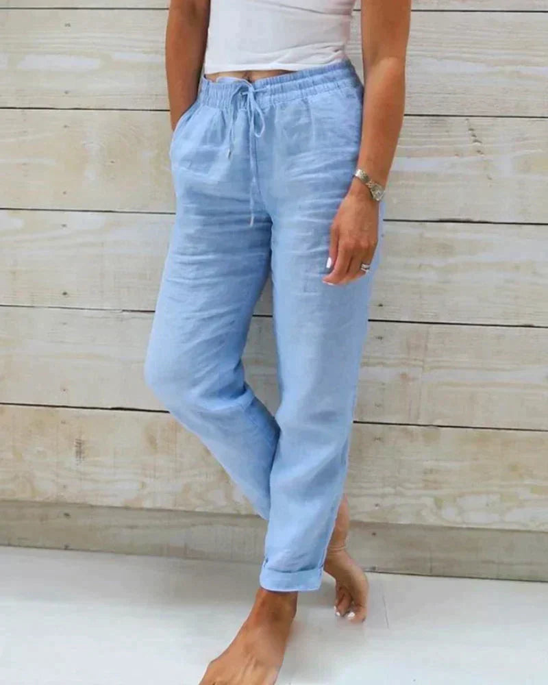 Women's Pants - Relaxed Fit - 100% Linen - Elastic Waist with Drawstring - With Side Pockets