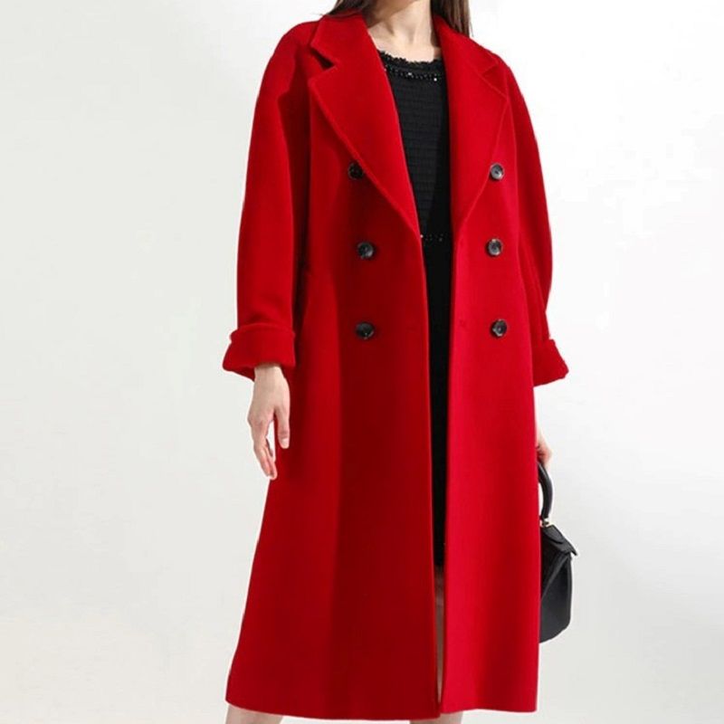 Street-wave Red Long Coat For Women Belted Silhouette Warm Wool Blend Must Have Today