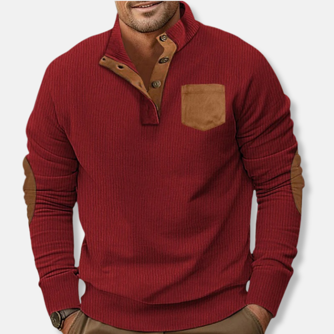 Men's Ribbed Knit Sweatshirt With Stand Collar And Contrast Elbow Patches For Everyday Wear