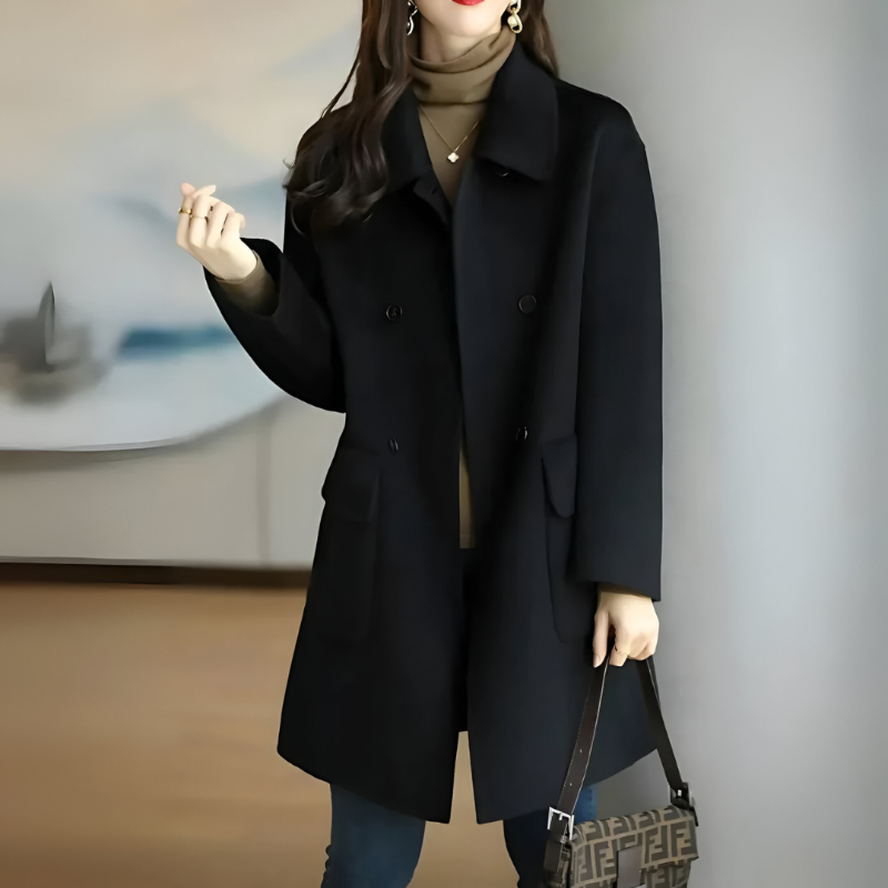 Street-Wave Wool Coat for Women, Long Fit, Double-Breasted Button Closure, Warm Wool Blend