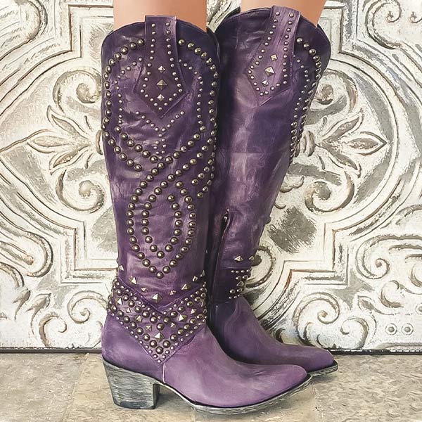 Street-wave Rivet Long Chunky Heel Boots For Bold Women
