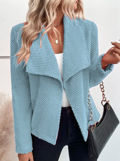 Street-Wave Blue Textured Waffle Knit Blazer For Women, Elegant Cozy Outerwear Premium Quality