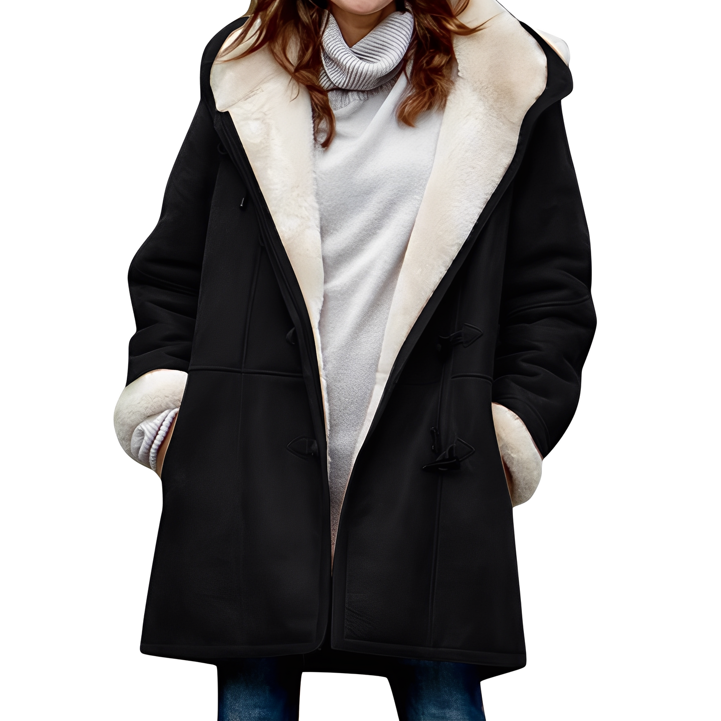 Street-wave Duffle Coat With Hood For Women, Cozy Warm Shearling Lined Outerwear