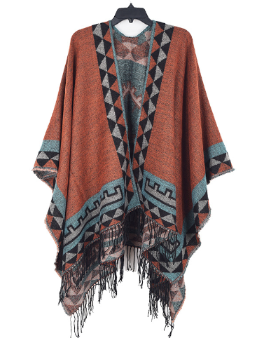 Knitted Poncho Streetwave For Women Warm Cozy Stylish Geometric Pattern With Fringed Hem