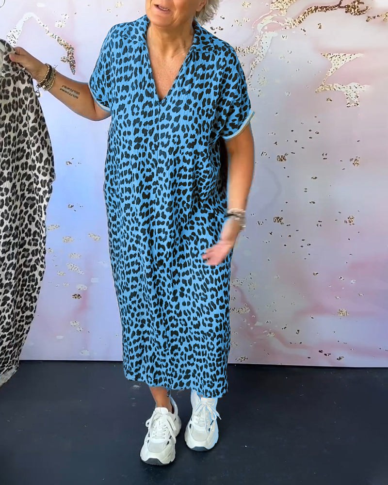 Leopard Print V-Neck Short Sleeve Dress For Women Street-wave Breathable Comfort Everyday