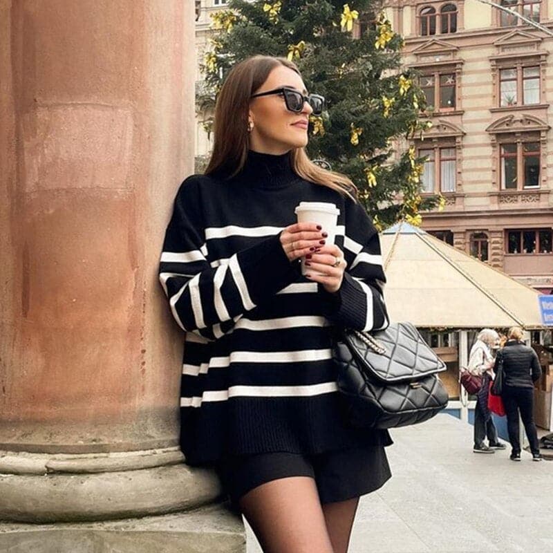 Street-wave Striped Pullover With Stand Collar For Modern Urban Women And Chic Comfort