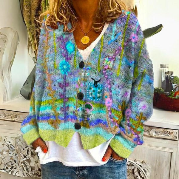 Street-wave Floral Knit Cardigan For Women - Soft Cotton-Blend Cozy Sweater With Bold Flower Motifs