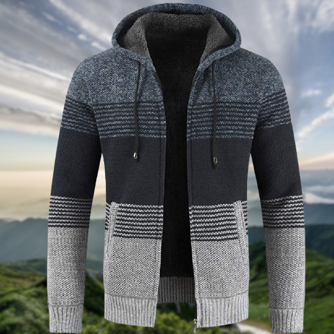 Street-Wave Hooded Striped Knit Winter Coat For Men With Cozy Lining And Pockets