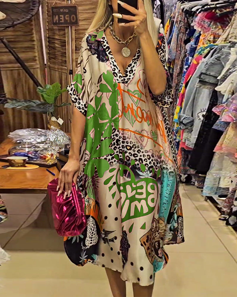 Streetwave Casual Womens Dress With Deep V Neck Leopard Print And Colorful Pattern
