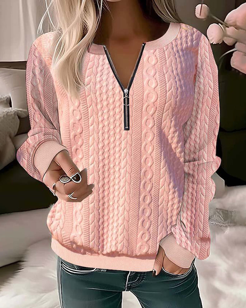 Street-wave Cable Knit Zip Pullover For Women, Soft Durable Pink Knit Sweatshirt, Chic Everyday Comfort