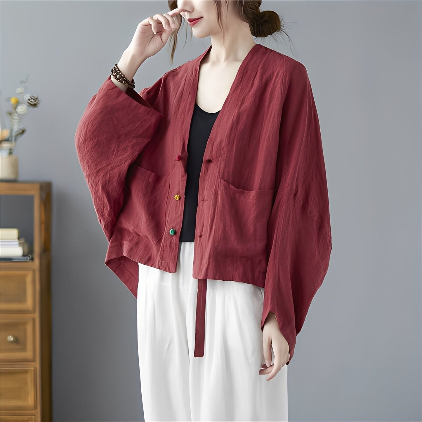 Street-Wave Batwing Cardigan With Pockets For Women Mustard Lightweight Everyday Style