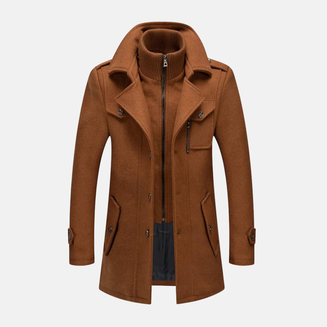 Men's Wool Blend Coat Slim Fit Mid-Thigh Length With Double Collar And Epaulet Detail